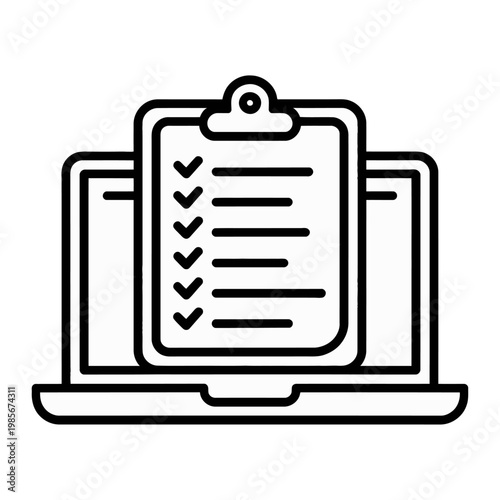 Vector graphic of a laptop with a checklist on a clipboard in front of the screen.