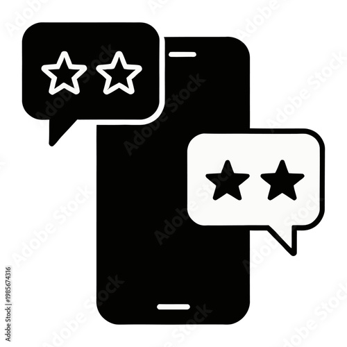 Vector graphic of a smartphone with two speech bubbles displaying star ratings