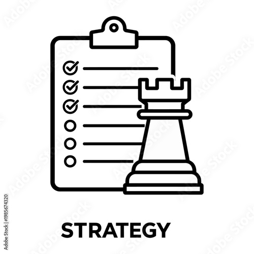Vector graphic of a chess piece on a clipboard with a checklist representing business strategy and planning.