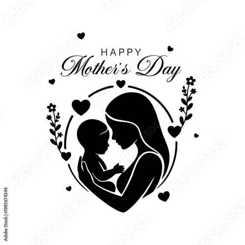 Happy Mother’s Day elegant silhouette with baby love, Minimalist mother and child love illustration design, Beautiful motherhood bond greeting card with hearts, Modern happy mothers day floral silhoue