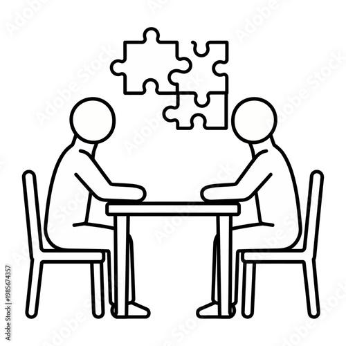 Vector of two people sitting at a table with puzzle pieces above them.