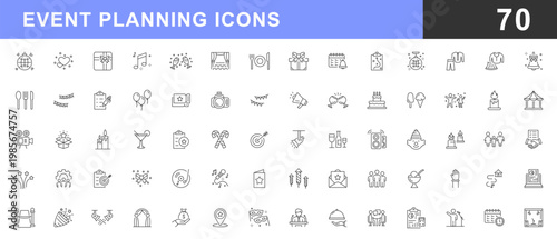 Event planning set of web icons in linear style. Event and celebration icons set. Containing decorations, venue, event planner, registration, entertainment, catering, invitations, coordination. Vector