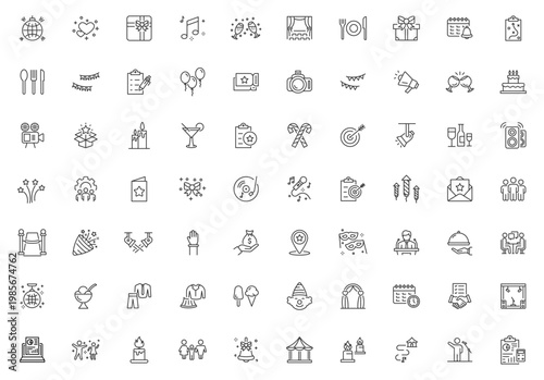 Event planning set of web icons in linear style. Event and celebration icons set. Containing decorations, venue, event planner, registration, entertainment, catering, invitations, coordination. Vector