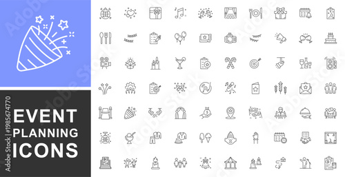 Event planning set of web icons in linear style. Event and celebration icons set. Containing decorations, venue, event planner, registration, entertainment, catering, invitations, coordination. Vector