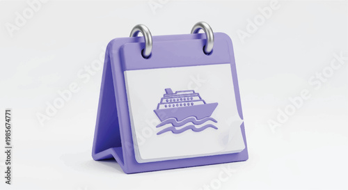 3D icon of an open calendar with a cruise ship symbol on a white page vacation planning tourism industry sea travel ocean liner calendar vacation