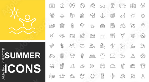 Summer line icon set. Vacation and beach web icons in line style. Travel, holiday, tourism, hotel, passport, maps, landscape, camera. Editable line. Summer season simple thin line icons collection.