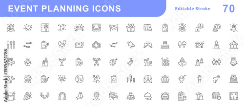 Event planning set of web icons in linear style. Event and celebration icons set. Containing decorations, venue, event planner, registration, entertainment, catering, invitations, coordination. Vector