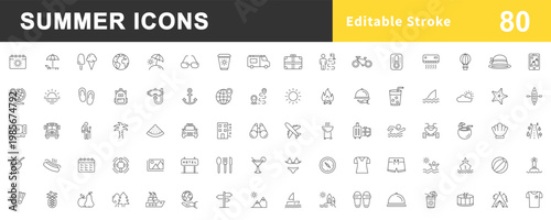 Summer line icon set. Vacation and beach web icons in line style. Travel, holiday, tourism, hotel, passport, maps, landscape, camera. Editable line. Summer season simple thin line icons collection.