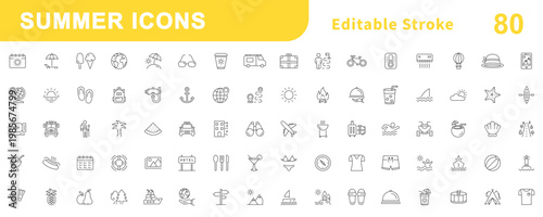 Summer line icon set. Vacation and beach web icons in line style. Travel, holiday, tourism, hotel, passport, maps, landscape, camera. Editable line. Summer season simple thin line icons collection.