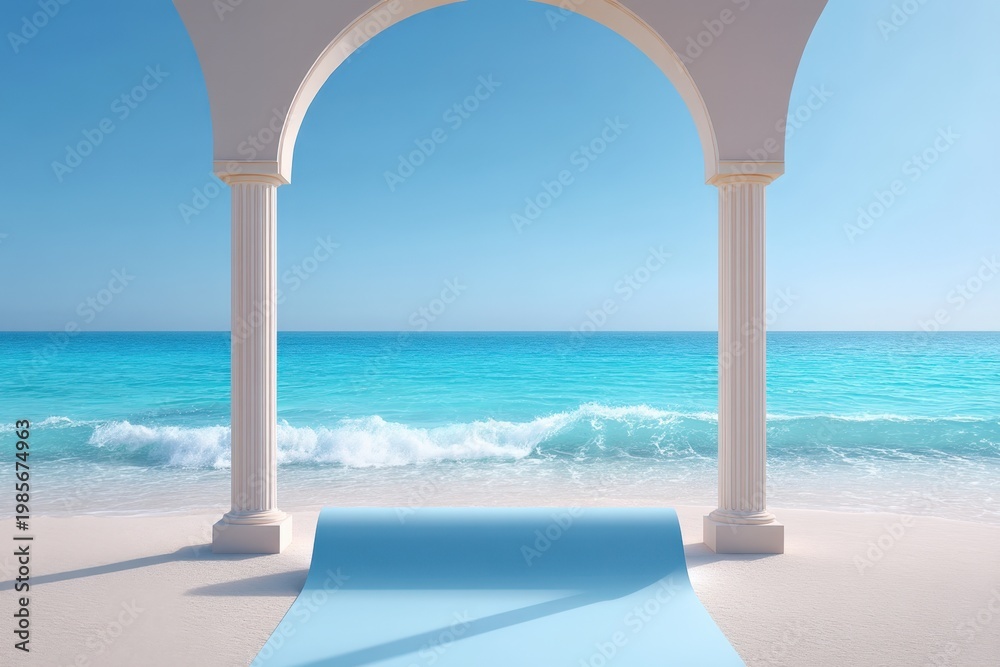 Fototapeta premium Elegant archway with classical columns framing a serene turquoise ocean and sandy beach under a clear blue sky