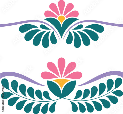 Professional Teal and Pink Flower Decorative Graphics, Minimalist Symmetrical Petal and Leaf Page Dividers, Modern Floral Ornament and Botanical Border Set.