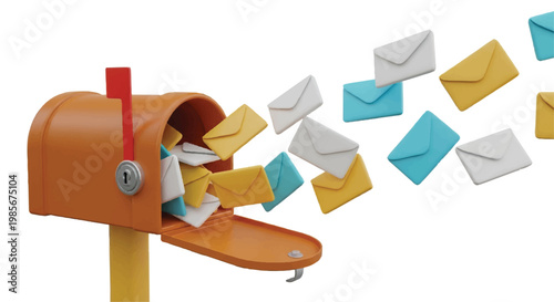 Mailbox overflowing with letters and envelopes flying out envelopes delivery communication correspondence incoming outgoing receiving