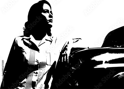 Cuban Resilience Silhouette: Woman by Classic Car Contemplating Future, Havana Noir and End of US Embargo Hope Concept Vector Icon