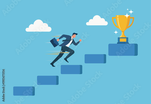 Businessman running up stairs to a golden trophy, Career Growth, Business Success, Chasing Goals, Competitive Edge, Motivation