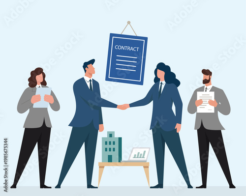 Business professionals shaking hands to seal a corporate partnership and finalize a contract agreement, Business Deal, Corporate Partnership, Successful Negotiation, Contract Signing
