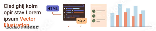 Web development, data analysis, programming concepts, coding tools, project management, digital analytics. HTML code display, checklist and bar graph together. Web development and data analysis