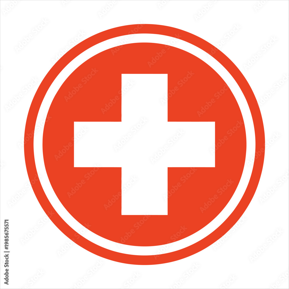 Fototapeta premium Red circle with white medical cross symbol Keywords: medical, cross, symbol, healthcare, health