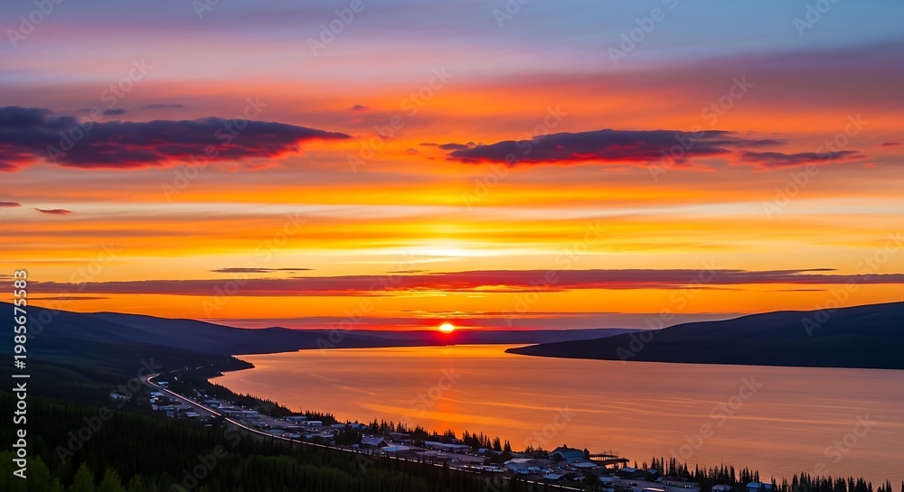 Fototapeta premium A sunset over a body of water with a mountain range