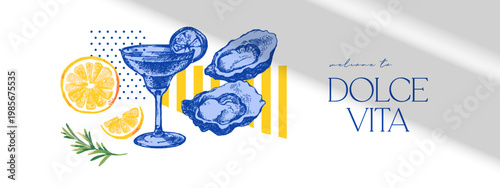 Vintage summer Italy Mediterranean coastal poster. Italian food and drink design. Hand drawn vector illustration. Amalfi sketch and watercolor beach vacation collage banner