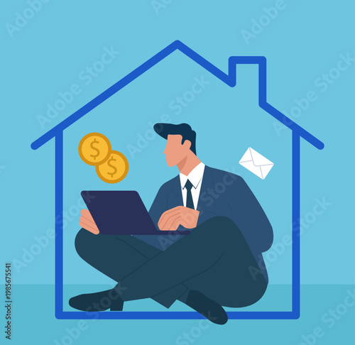 Businessman working from home on a laptop inside a house outline, earning money online and managing digital freelance business, Remote Work Lifestyle, Making Money Online, Freelance Business Income