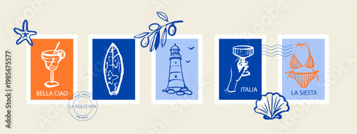 Vintage summer Italian Mediterranean coastal postage stamp set. Hand drawn vector illustration. Amalfi crayon sketch beach vacation design.