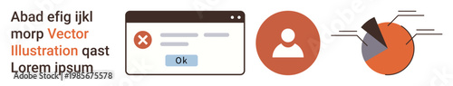 Error handling interfaces, data analytics, profile identification, workflow management, software UI, digital tools. Error popup, user icon pie chart illustration with labels. Data analytics