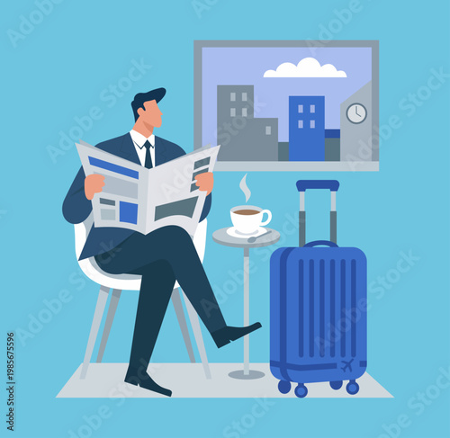 Corporate traveler relaxing with coffee and a newspaper in an airport waiting room before a business flight, Business Travel Waiting, Airport Lounge Relaxation, Reading Morning News