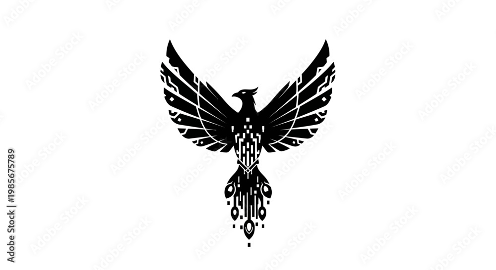 Obraz premium a black and white bird with wings spread.