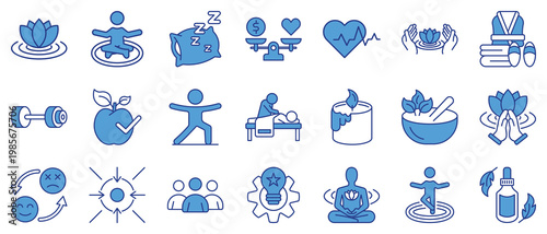 Life balance icon set. Filled line icons including meditation, wellness, yoga, mindfulness, mood swing, stress, barbell, dumbell, health, heartrate, spa, essential oil, medicine, herbal, remedy, relax