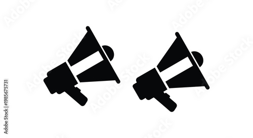 Two black megaphone icons are displayed against a plain white background creating a bold visual statement silhouette