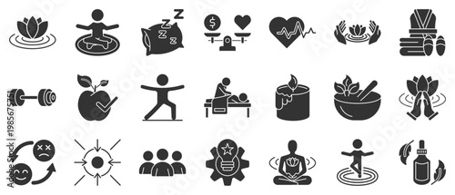 Life balance icon set. Solid black icons including meditation, wellness, yoga, mindfulness, mood swing, stress, barbell, dumbell, health, heartrate, spa, essential oil, medicine, herbal, remedy, relax