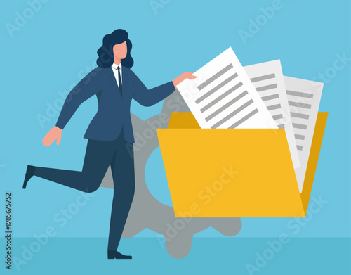 Businesswoman actively organizing documents into a large file folder with a gear background, representing efficient document management and data processing, Document Management System