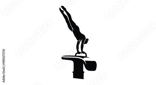A dynamic black silhouette depicts a female gymnast performing a handstand on a vaulting horse silhouette high quality