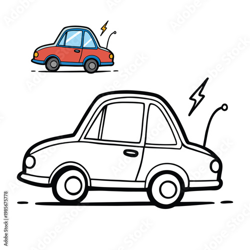 Clean vector outline of an electric car designed for coloring, featuring smooth curves, charging cable detail, and eco-friendly theme. Perfect for kids and creative projects.
