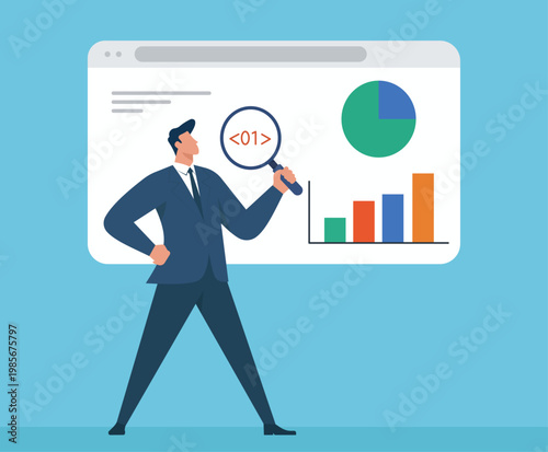 Data analyst inspecting web statistics, code, and financial charts through a magnifying glass on a digital dashboard, Web Analytics and Data Inspection, Business Intelligence Dashboard