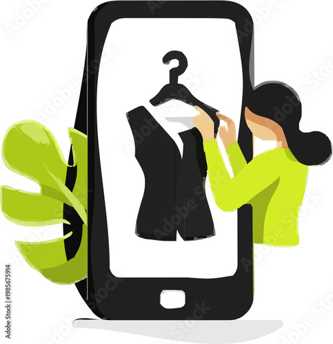 A minimalist 2D graphic of a generic digital fashion garment being applied to an avatar on a smartphone in vibrant magenta and cyan, no shadows. A woman is seen interacting with the virtual economy
