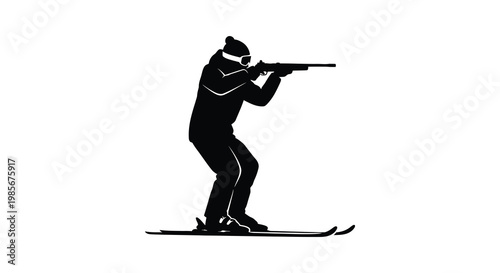 A biathlete in action aiming a rifle while cross country skiing depicted in a striking silhouette high quality