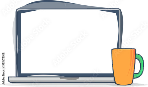A minimalist 2D graphic depicts a generic digital nomad setup with a laptop and travel mug in muted terracotta and navy tones, devoid of shadows for a professional vector illustration