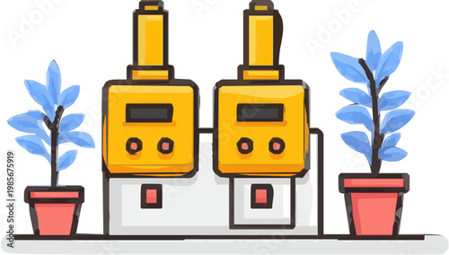 A minimalist graphic of a generic e-waste recycling plant converts old circuit boards into gold icons, symbolizing urban mining in a muted charcoal and gold palette with no shadows