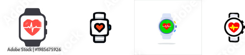 A minimalist 2D graphic of a smartwatch with a sleek black band displays a vibrant geometric heart icon and an ECG line within a red heart shape on its white screen, emphasizing the devices focus on