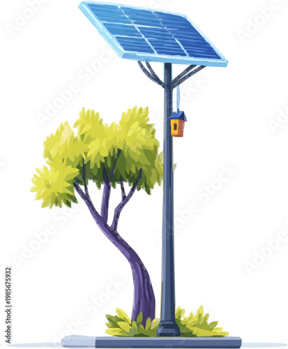 A minimalist 2D graphic of a generic modular solar street lamp with a built-in bird house stands on a concrete base, surrounded by lush greenery in an urban setting characterized by muted charcoal