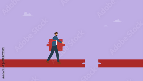 Businessman completing road jigsaw puzzle. Business solution, new ideas, ambition and success concept.