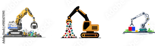 A yellow robotic arm sorts minerals amidst a pile of discarded electronics in an urban mining scene, rendered in muted teal and grey with geometric precision