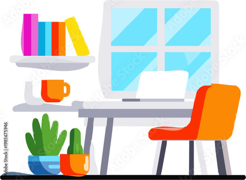 This minimalist 2D graphic depicts an inclusive classroom with a standing desk, sensory corner, and books on shelves, emphasizing educational equity