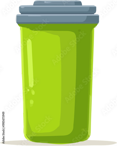 A minimalist 2D graphic of a generic smart trash can in muted silver and green, featuring automatic recycling sorting with geometric precision