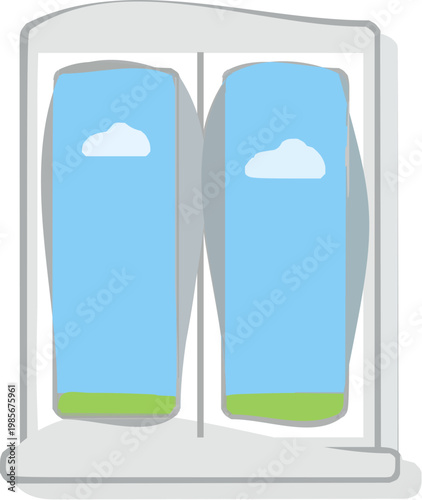 A minimalist 2D graphic of a generic smart window that darkens automatically to maintain building temperature and energy efficiency, featuring muted blue and silver tones with clouds reflecting on