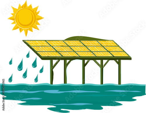 A minimalist 2D graphic of a solar-powered desalinization plant transforms sea water into fresh drops under a bright sun, emphasizing water security with muted navy and teal hues