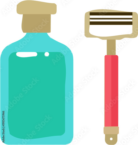 A minimalist 2D graphic of a zero-waste personal care kit features a metal safety razor with a glass bottle filled with a green liquid, both rendered in muted pink and tan colors against a clean