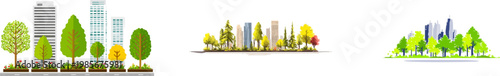 A minimalist 2D graphic of a micro forest planted in the middle of a busy city street, showcasing urban rewilding with muted grey and forest green hues, clean lines, and no shadows, symbolizing