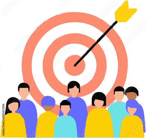 A minimalist 2D graphic depicts a dynamic targeted audience concept with diverse people icons surrounding a large target board, symbolizing marketing efforts aiming to reach specific demographics